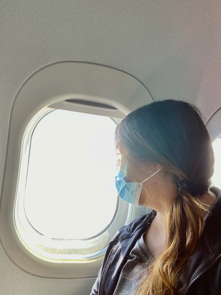 Airplane window seat selfie